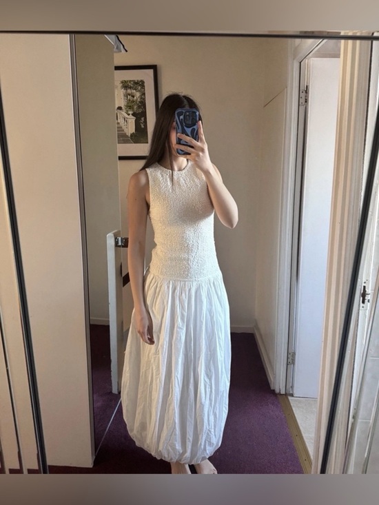 Zara Dresses & Skirts - Zara White Balloon Poplin Midi Dress Sleeveless Round Neck Size Small